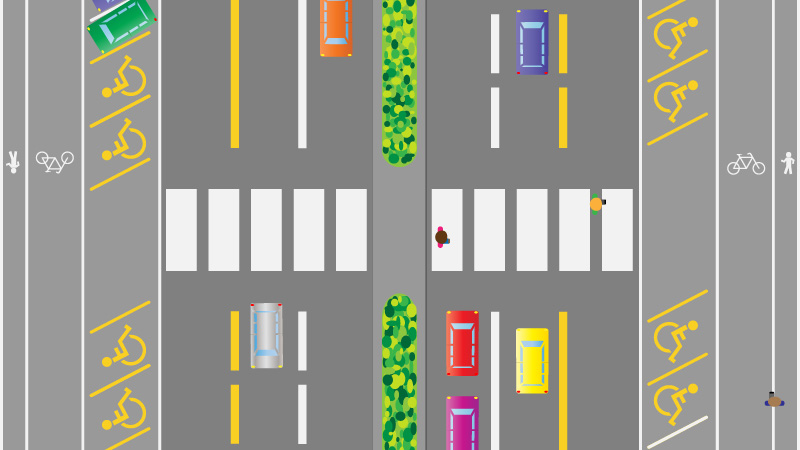 An illustration of a street with cars.