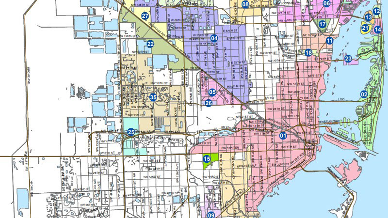 A screenshot of a map depicting Miami-Dade County's municipalities.