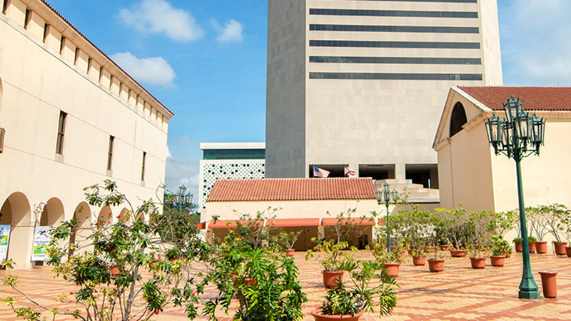 Cultural plaza with Stephen P. Clark Center in the background