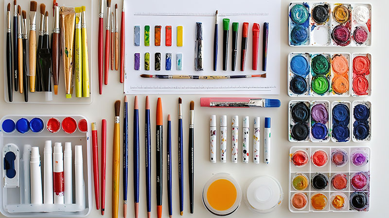 tray with various art supplies
